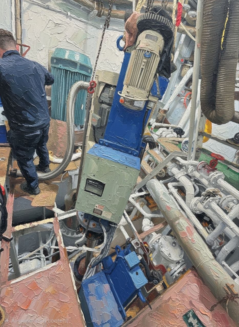 Помещение с палубным шкафом, трубопроводами и работающим членом экипажа